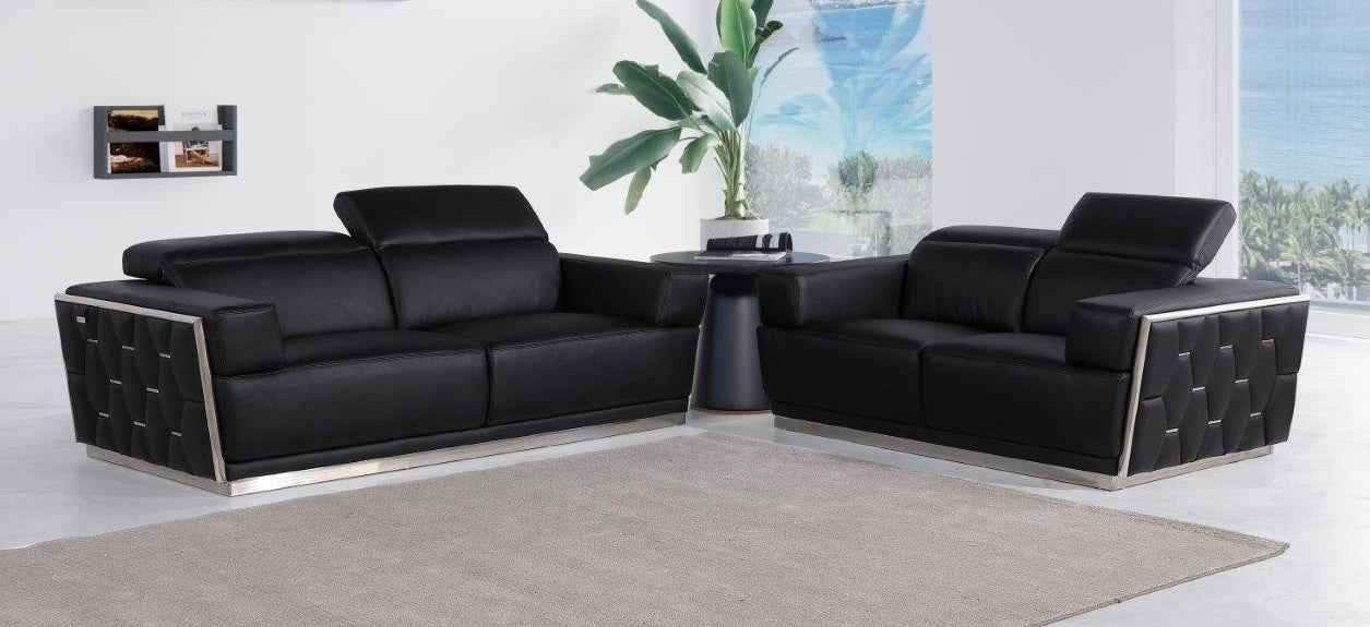 Global United 1111BLK-2PC 2 pc Modern style black Italian leather sofa and love seat set silver metal accents adjustable headrests
