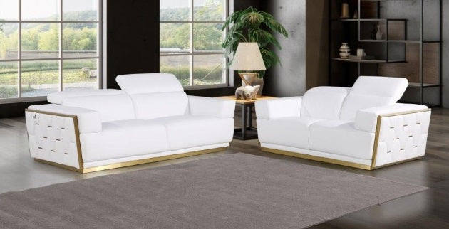 Global United Modern White Italian Leather 2-Piece Sofa and Love Seat Set with Gold Metal Accents and Adjustable Headrests – 1111WHT-2PC
