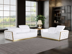 Global United Modern White Italian Leather 2-Piece Sofa and Love Seat Set with Gold Metal Accents and Adjustable Headrests – 1111WHT-2PC