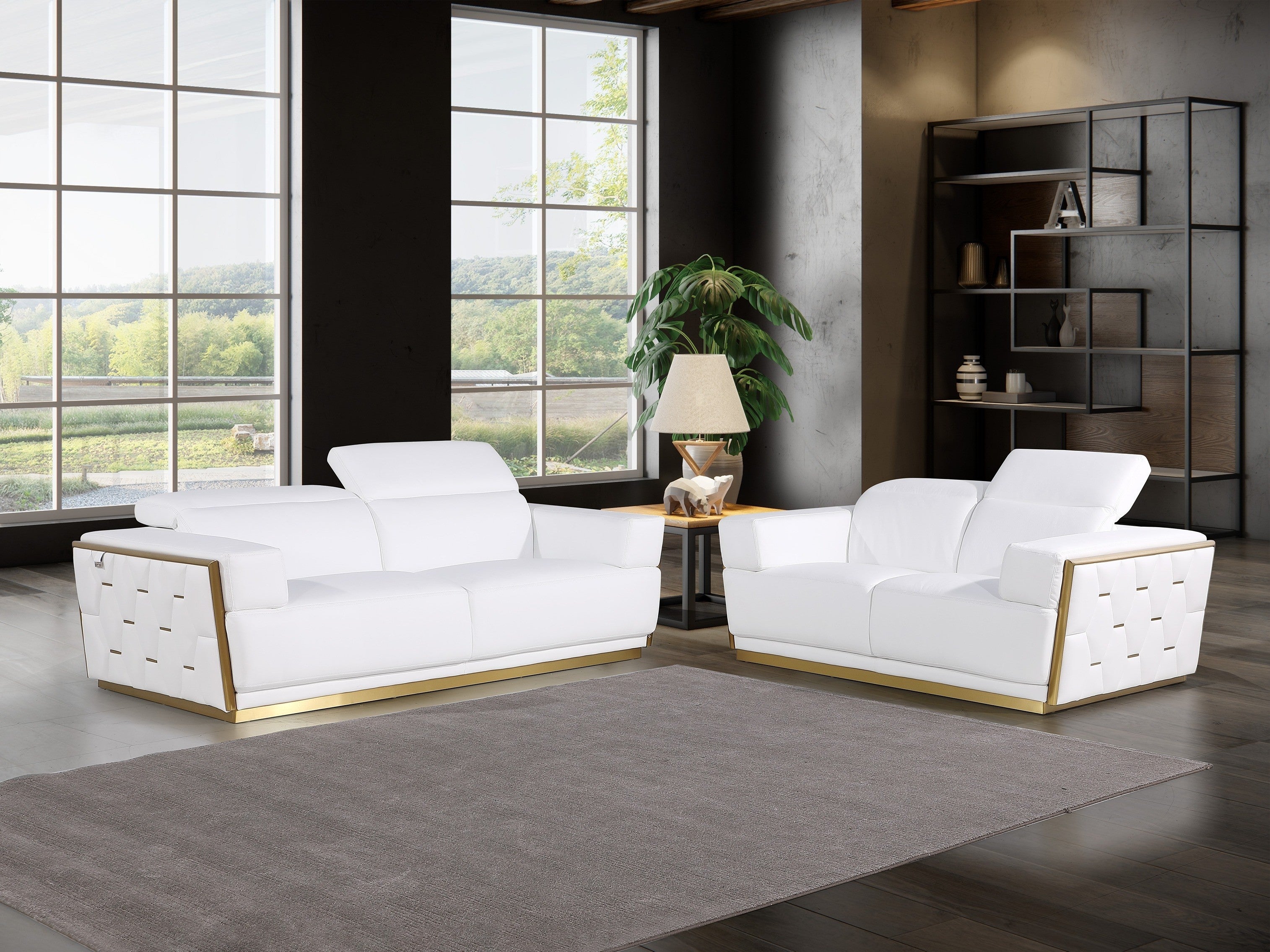 Global United Modern White Italian Leather 2-Piece Sofa and Love Seat Set with Gold Metal Accents and Adjustable Headrests – 1111WHT-2PC