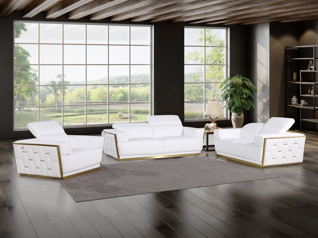 Global United Modern White Italian Leather 2-Piece Sofa and Love Seat Set with Gold Metal Accents and Adjustable Headrests – 1111WHT-2PC