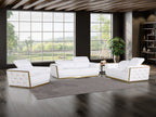 Global United Modern White Italian Leather 2-Piece Sofa and Love Seat Set with Gold Metal Accents and Adjustable Headrests – 1111WHT-2PC
