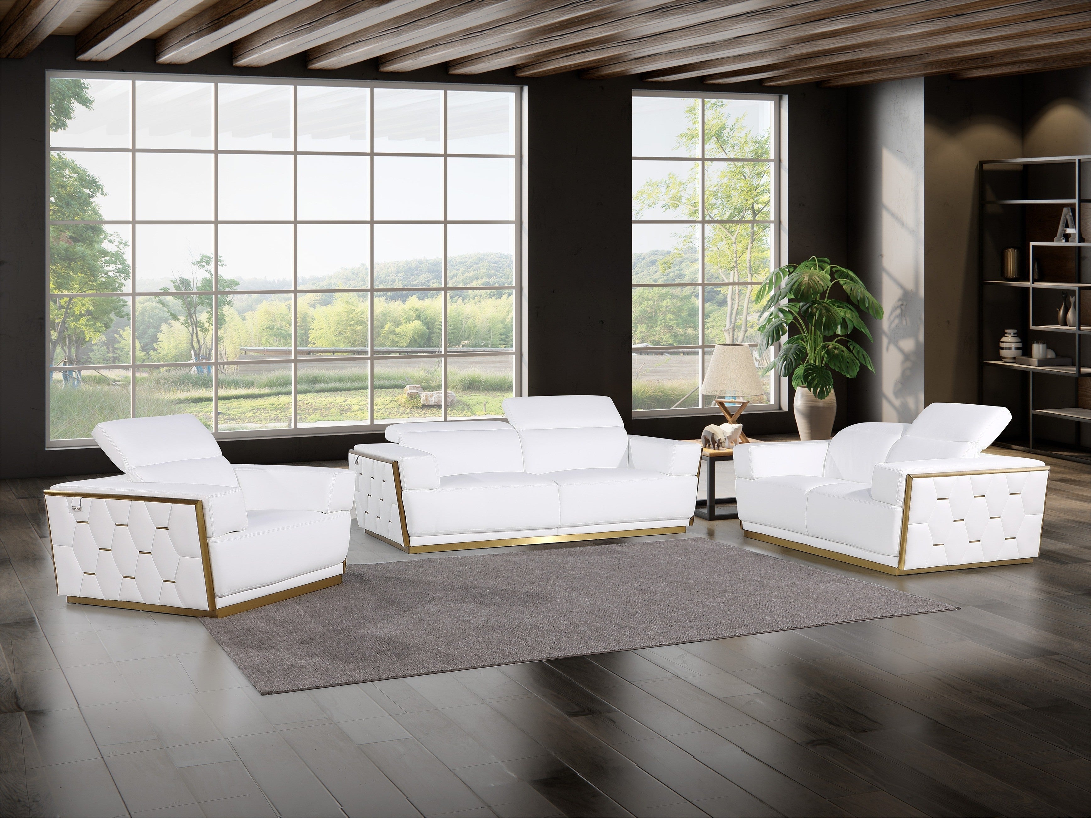 Global United Modern White Italian Leather 2-Piece Sofa and Love Seat Set with Gold Metal Accents and Adjustable Headrests – 1111WHT-2PC