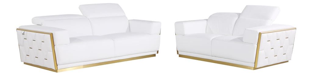Global United Modern White Italian Leather 2-Piece Sofa and Love Seat Set with Gold Metal Accents and Adjustable Headrests – 1111WHT-2PC
