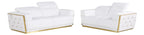 Global United Modern White Italian Leather 2-Piece Sofa and Love Seat Set with Gold Metal Accents and Adjustable Headrests – 1111WHT-2PC