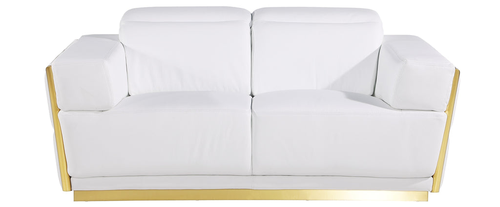Global United Modern White Italian Leather 2-Piece Sofa and Love Seat Set with Gold Metal Accents and Adjustable Headrests – 1111WHT-2PC