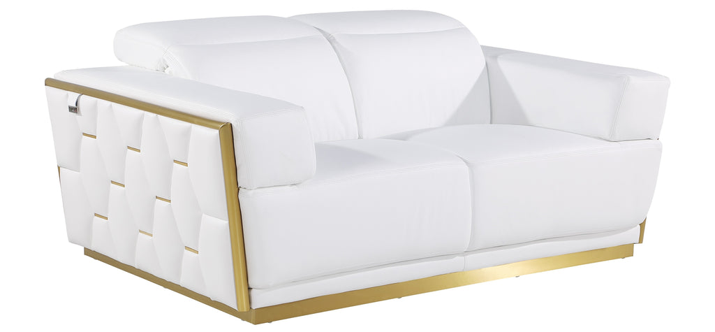 Global United Modern White Italian Leather 2-Piece Sofa and Love Seat Set with Gold Metal Accents and Adjustable Headrests – 1111WHT-2PC