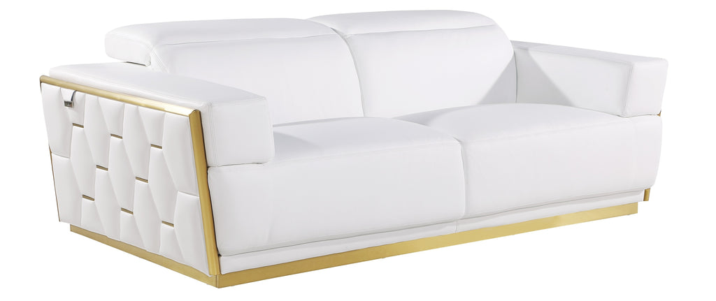 Global United Modern White Italian Leather 2-Piece Sofa and Love Seat Set with Gold Metal Accents and Adjustable Headrests – 1111WHT-2PC