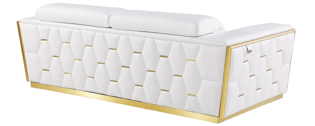 Global United Modern White Italian Leather 2-Piece Sofa and Love Seat Set with Gold Metal Accents and Adjustable Headrests – 1111WHT-2PC