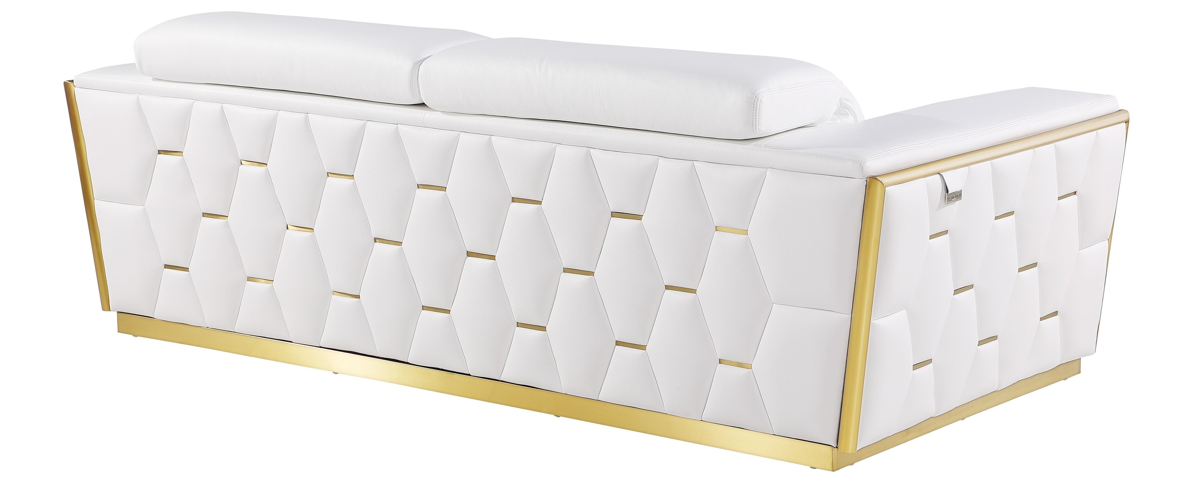 Global United Modern White Italian Leather 2-Piece Sofa and Love Seat Set with Gold Metal Accents and Adjustable Headrests – 1111WHT-2PC
