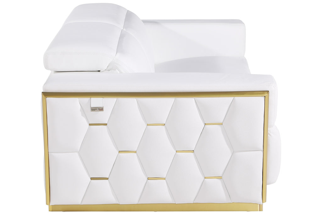 Global United Modern White Italian Leather 2-Piece Sofa and Love Seat Set with Gold Metal Accents and Adjustable Headrests – 1111WHT-2PC