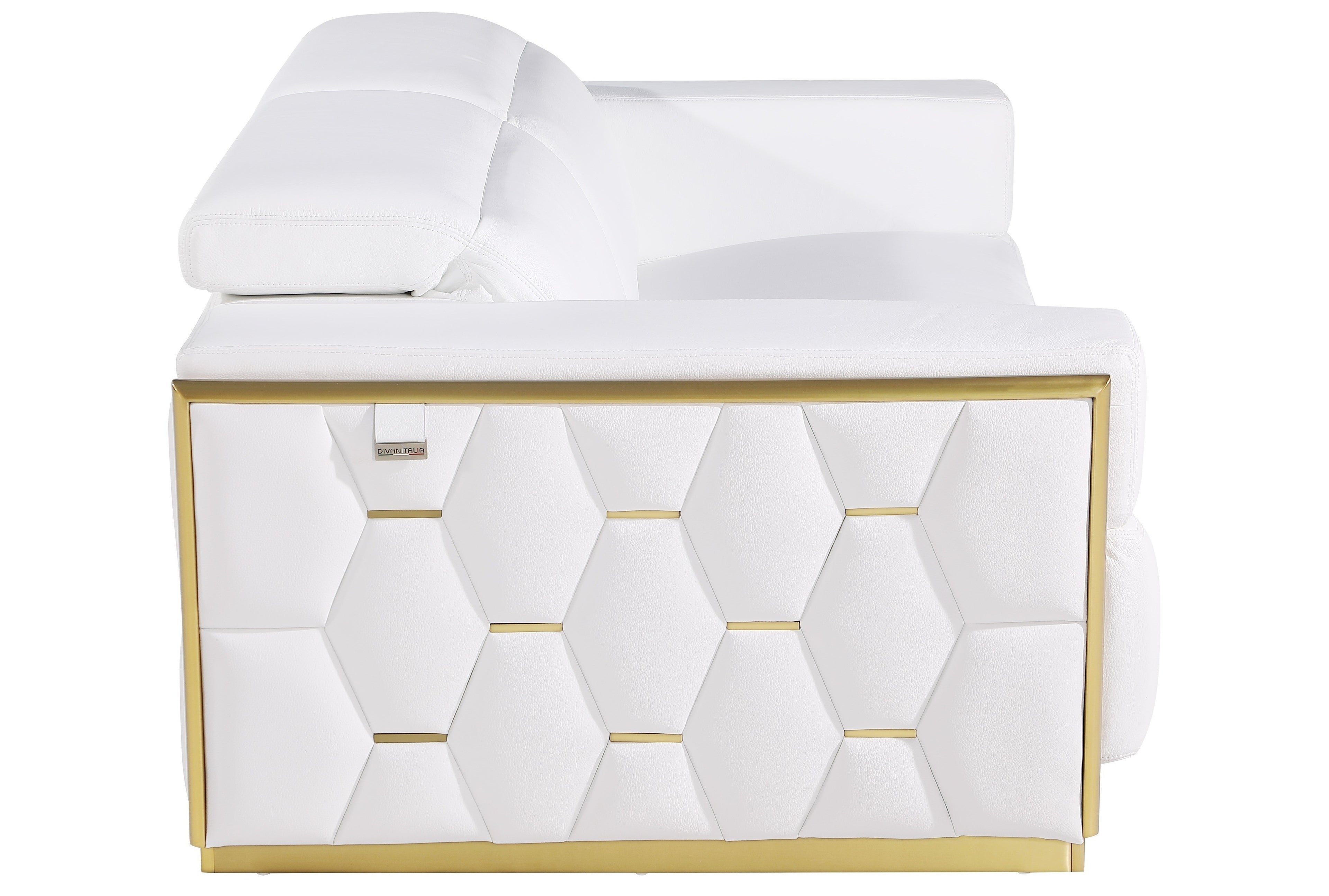Global United Modern White Italian Leather 2-Piece Sofa and Love Seat Set with Gold Metal Accents and Adjustable Headrests – 1111WHT-2PC
