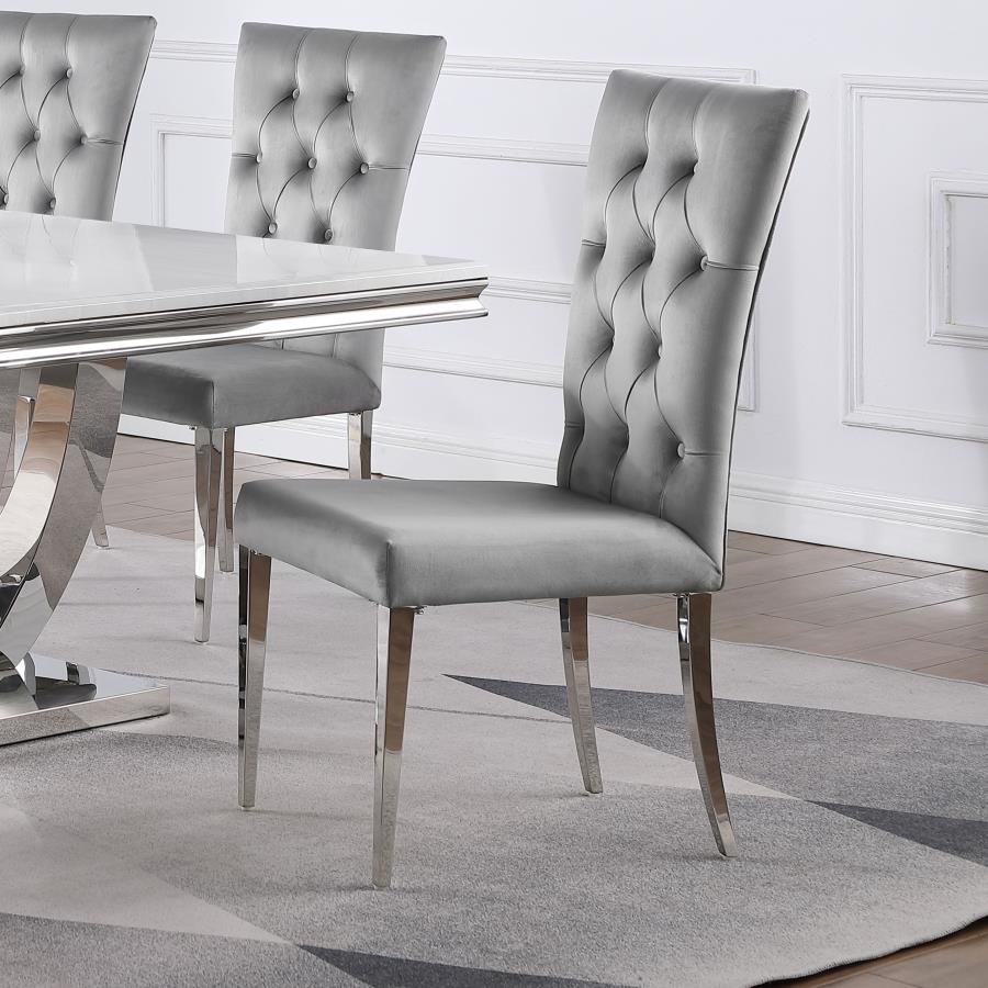Coaster 111103  Set of 2 Kerwin polished chrome metal legs grey velvet tufted back dining chairs
