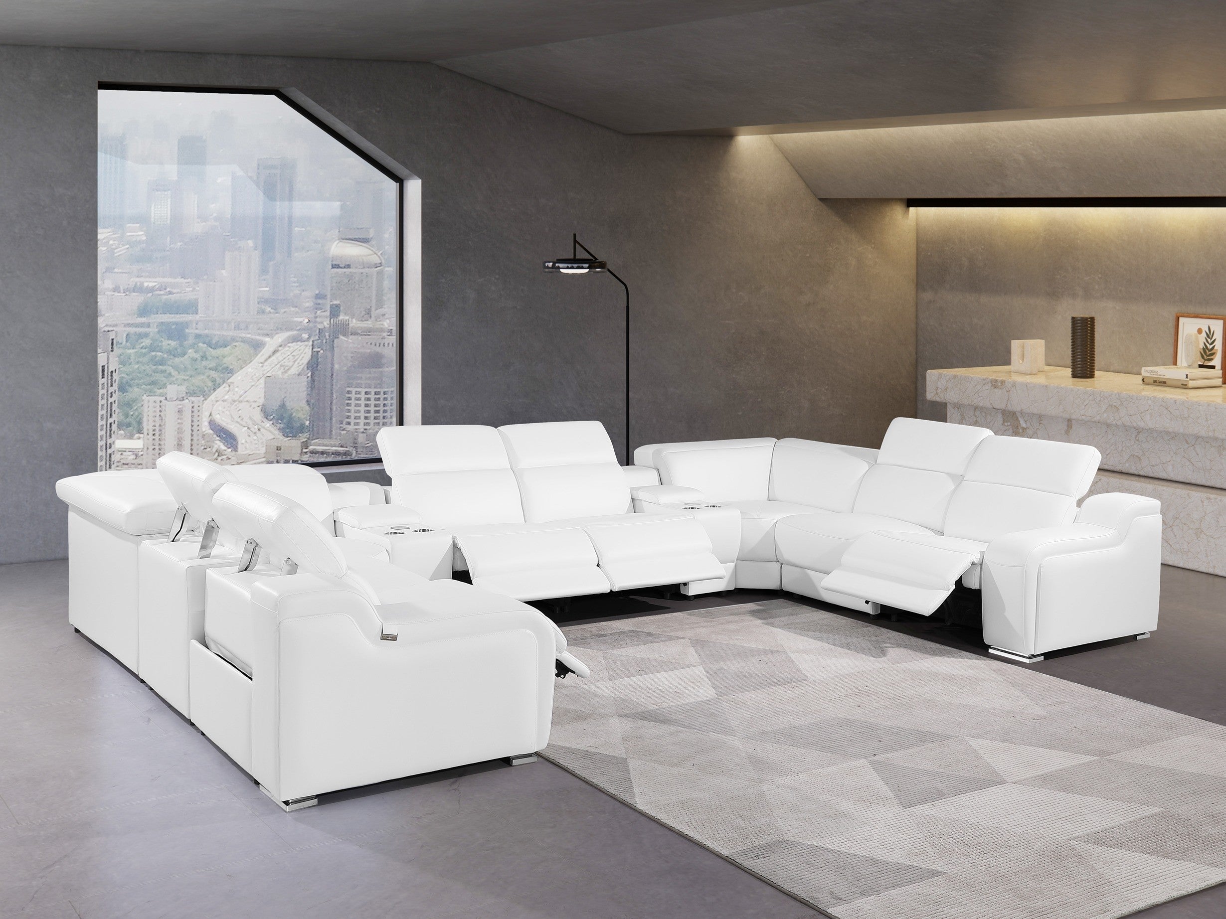 Global United 1116WH-10PC 10pc DivanItalia white italian leather power reclining u shaped sectional sofa power adjustable headrests