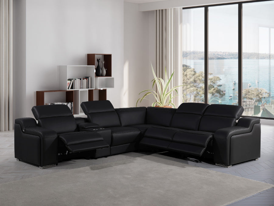 Global United 1116BK-6PC 6 pc DivanItalia black italian leather power reclining sectional sofa power adjustable headrests