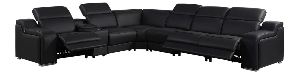 Global United DivanItalia Black Italian Leather 7-Piece Power Reclining Sectional Sofa with Power Adjustable Headrests – 1116BK-7PC