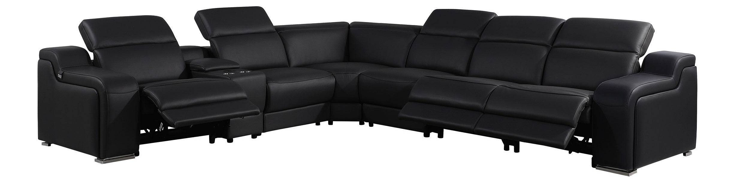 Global United DivanItalia Black Italian Leather 7-Piece Power Reclining Sectional Sofa with Power Adjustable Headrests – 1116BK-7PC