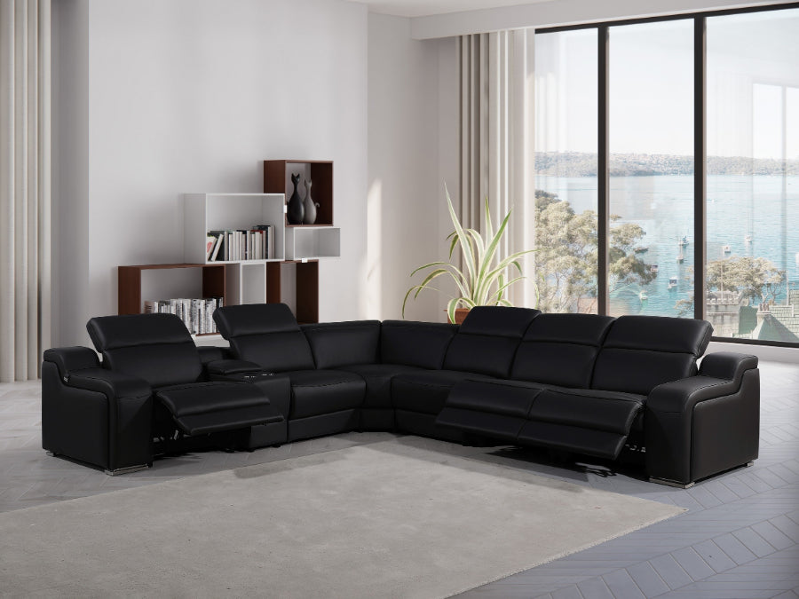 Global United DivanItalia Black Italian Leather 7-Piece Power Reclining Sectional Sofa with Power Adjustable Headrests – 1116BK-7PC