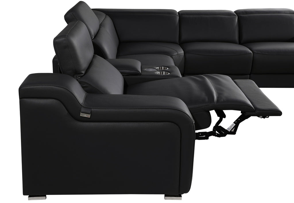 Global United DivanItalia Black Italian Leather 7-Piece Power Reclining Sectional Sofa with Power Adjustable Headrests – 1116BK-7PC