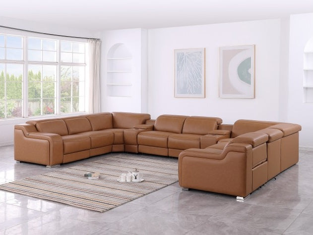 Global United DivanItalia Cognac Italian Leather 10-Piece Power Reclining U-Shaped Sectional Sofa with Power Adjustable Headrests – 1116CG-10PC
