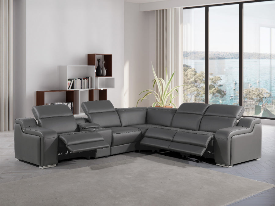 Global United 1116DG-6PC 6 pc DivanItalia dark grey italian leather power reclining sectional sofa power adjustable headrests