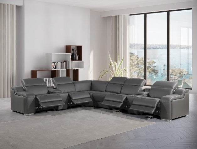 Global United 1116DG-7PC 7 pc DivanItalia dark grey italian leather power reclining sectional sofa power adjustable headrests