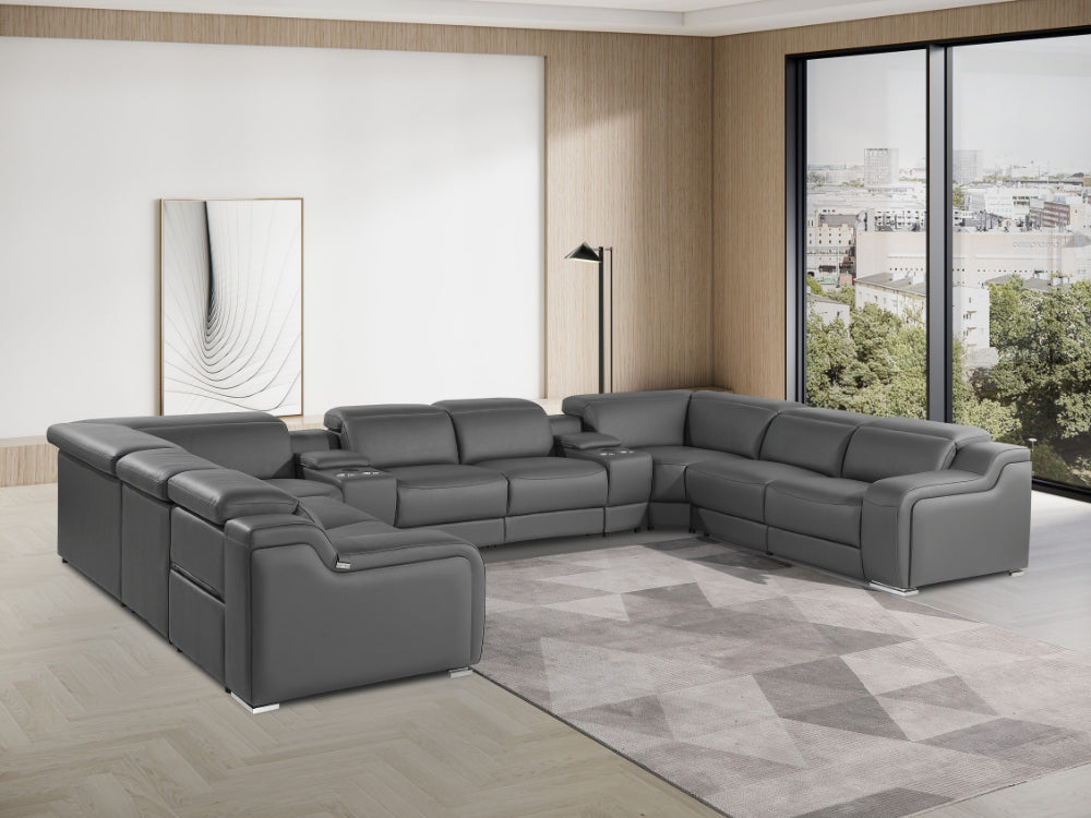 Global United 1116DG-10PC 10 pc DivanItalia dark grey italian leather power reclining U shaped sectional sofa power adjustable headrests