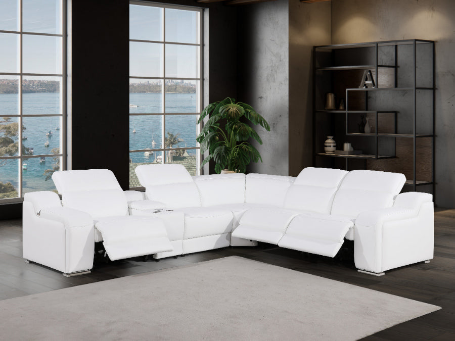 Global United 1116WH-6PC 6 pc DivanItalia white italian leather power reclining sectional sofa power adjustable headrests