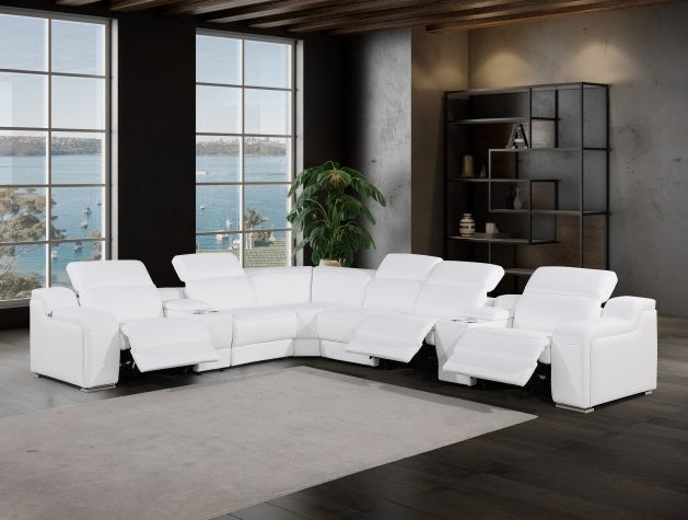 Global United 1116WH-8PC 8 pc DivanItalia white italian leather power reclining sectional sofa power adjustable headrests