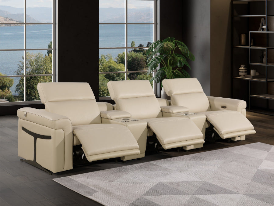 Global United 1126BG-5PC-TH 5 pc Divanitalia beige italian leather power reclining theater sofa power adjustable headrests