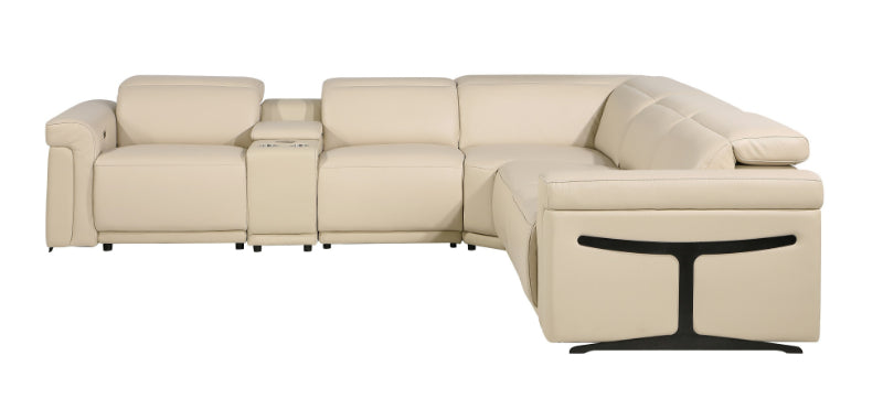 Global United 1126BG-6PC 6 pc DivanItalia beige italian leather power reclining sectional sofa power adjustable headrests and console