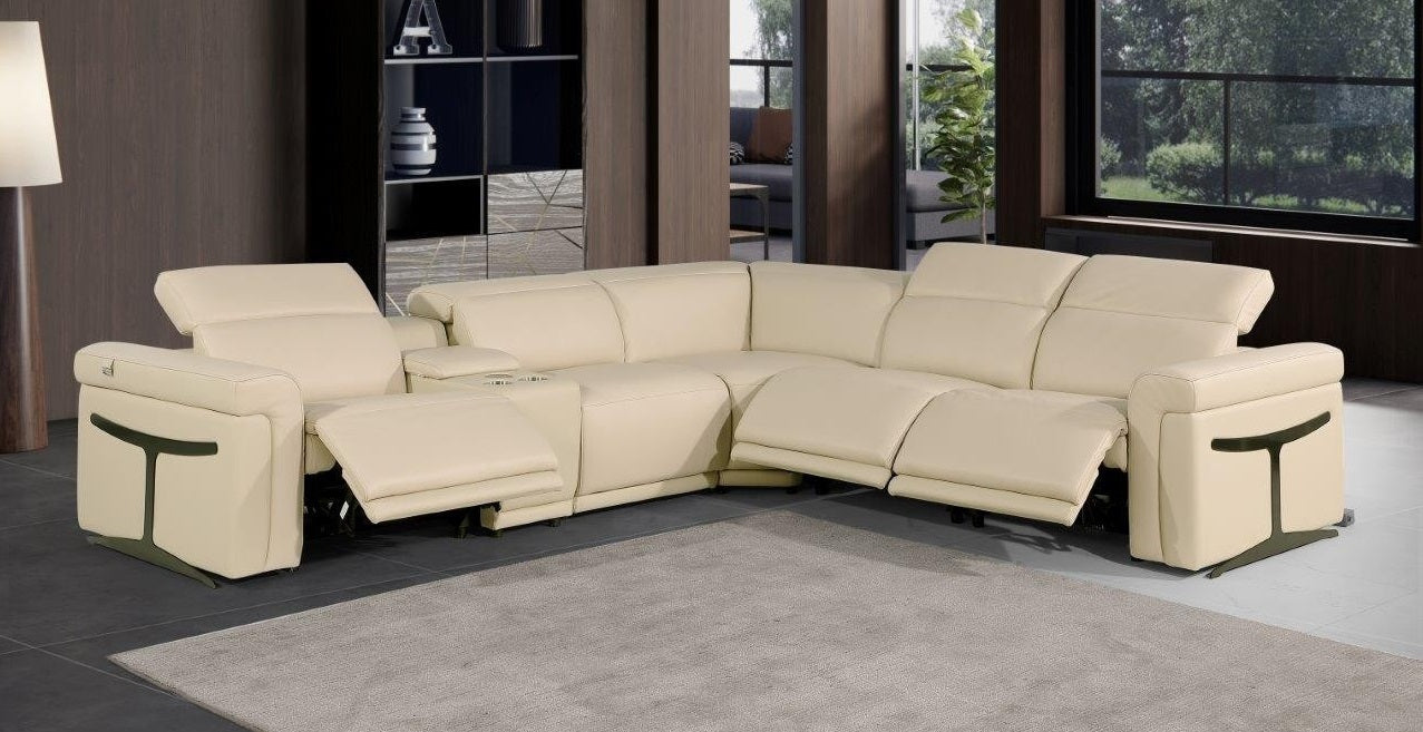 Global United 1126BG-6PC 6 pc DivanItalia beige italian leather power reclining sectional sofa power adjustable headrests and console