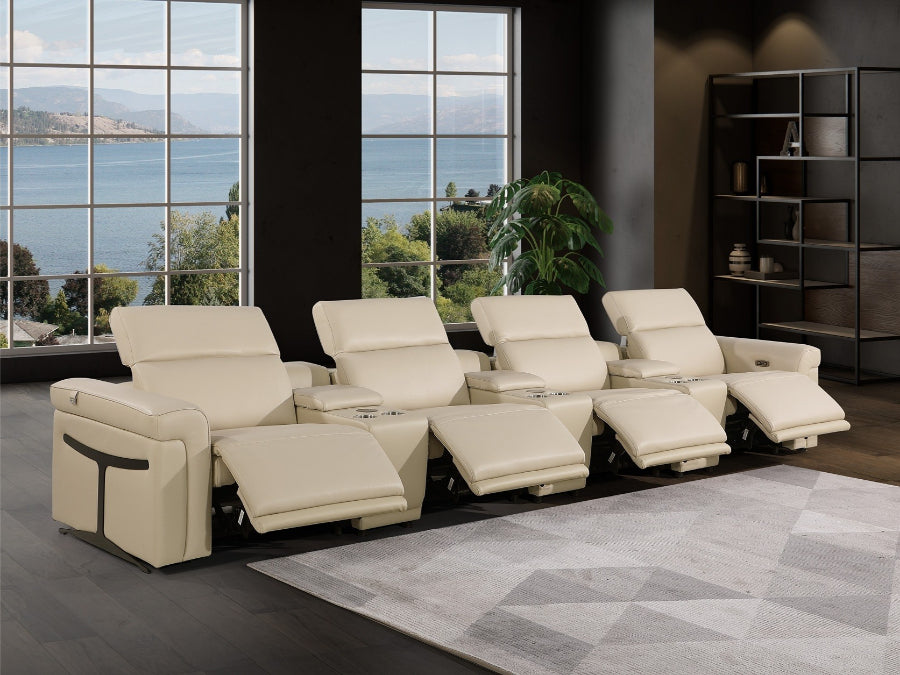 Global United 1126BG-7PC-TH 7 pc Divanitalia beige talian leather power reclining theater sofa power adjustable headrests
