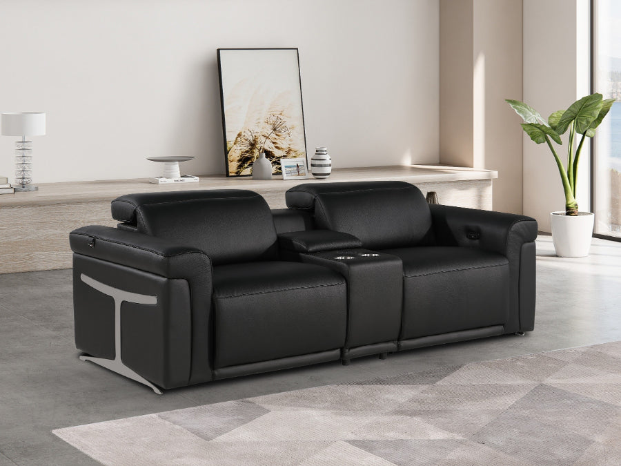 Global United DivanItalia Black Italian Leather 3-Piece Power Reclining Theater Sofa with Power Adjustable Headrests – 1126BK-3PC