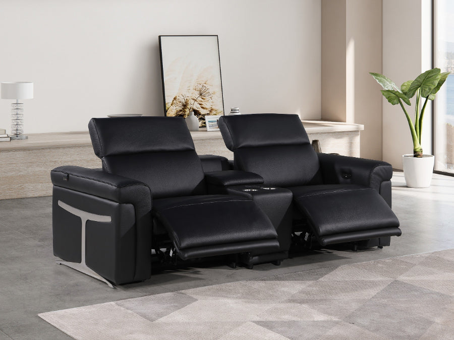 Global United DivanItalia Black Italian Leather 3-Piece Power Reclining Theater Sofa with Power Adjustable Headrests – 1126BK-3PC