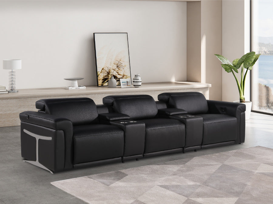 Global United 1126BK-5PC-TH 5 pc Divanitalia black italian leather power reclining theater sofa power adjustable headrests