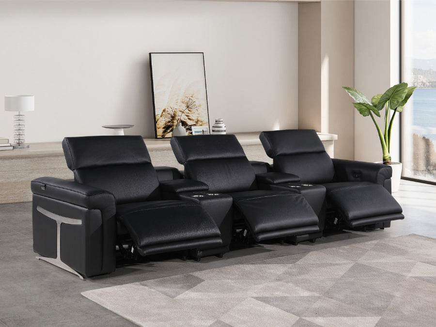 Global United 1126BK-5PC-TH 5 pc Divanitalia black italian leather power reclining theater sofa power adjustable headrests