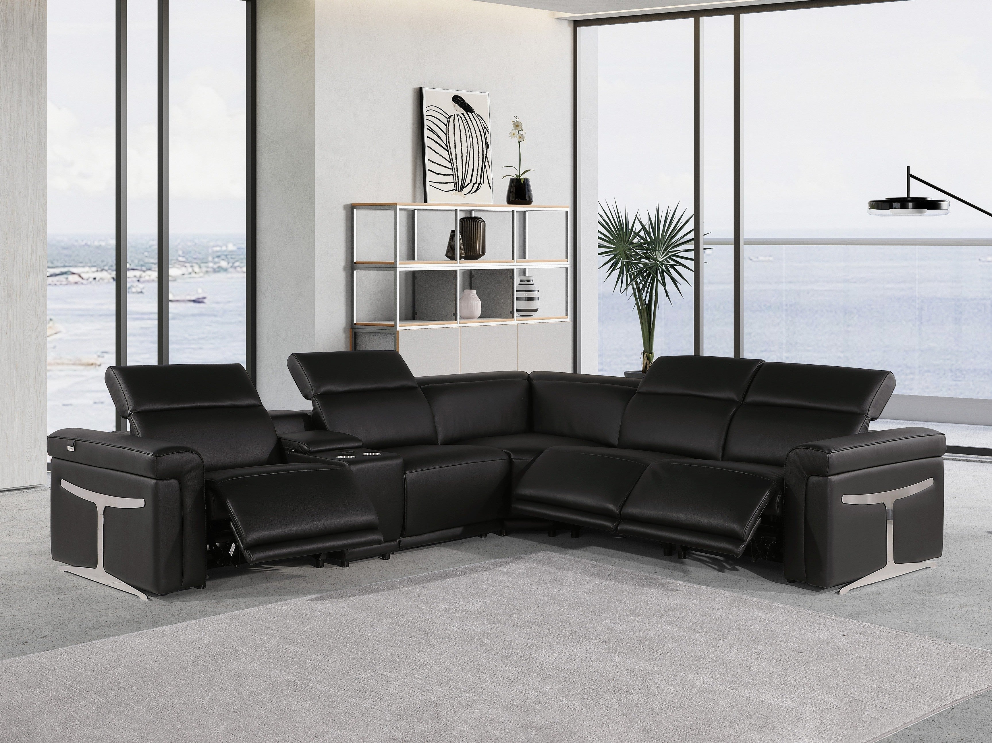 Global United 1126BK-6PC 6 pc DivanItalia black italian leather power reclining sectional sofa power adjustable headrests and console