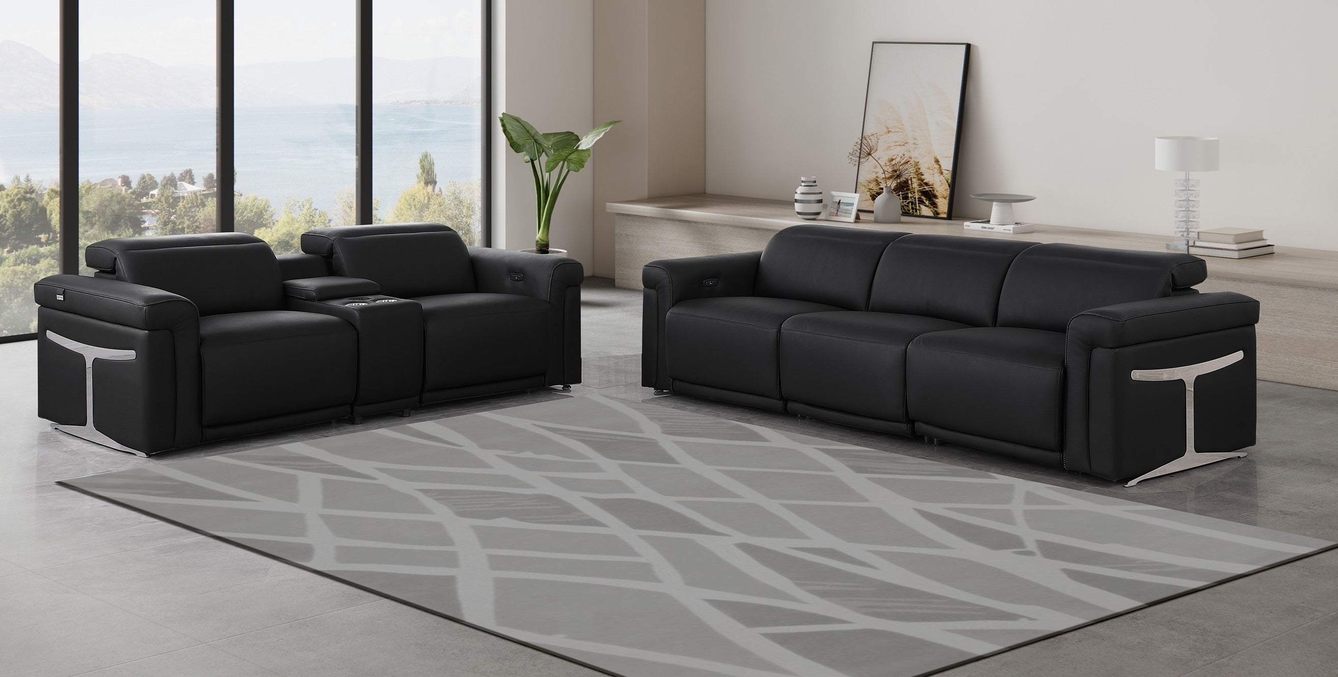 Global United DivanItalia Black Italian Leather 6-Piece Power Reclining Modular Sofa and Love Seat with Power Adjustable Headrests and Charging Pad – 1126BK-6PC-SL