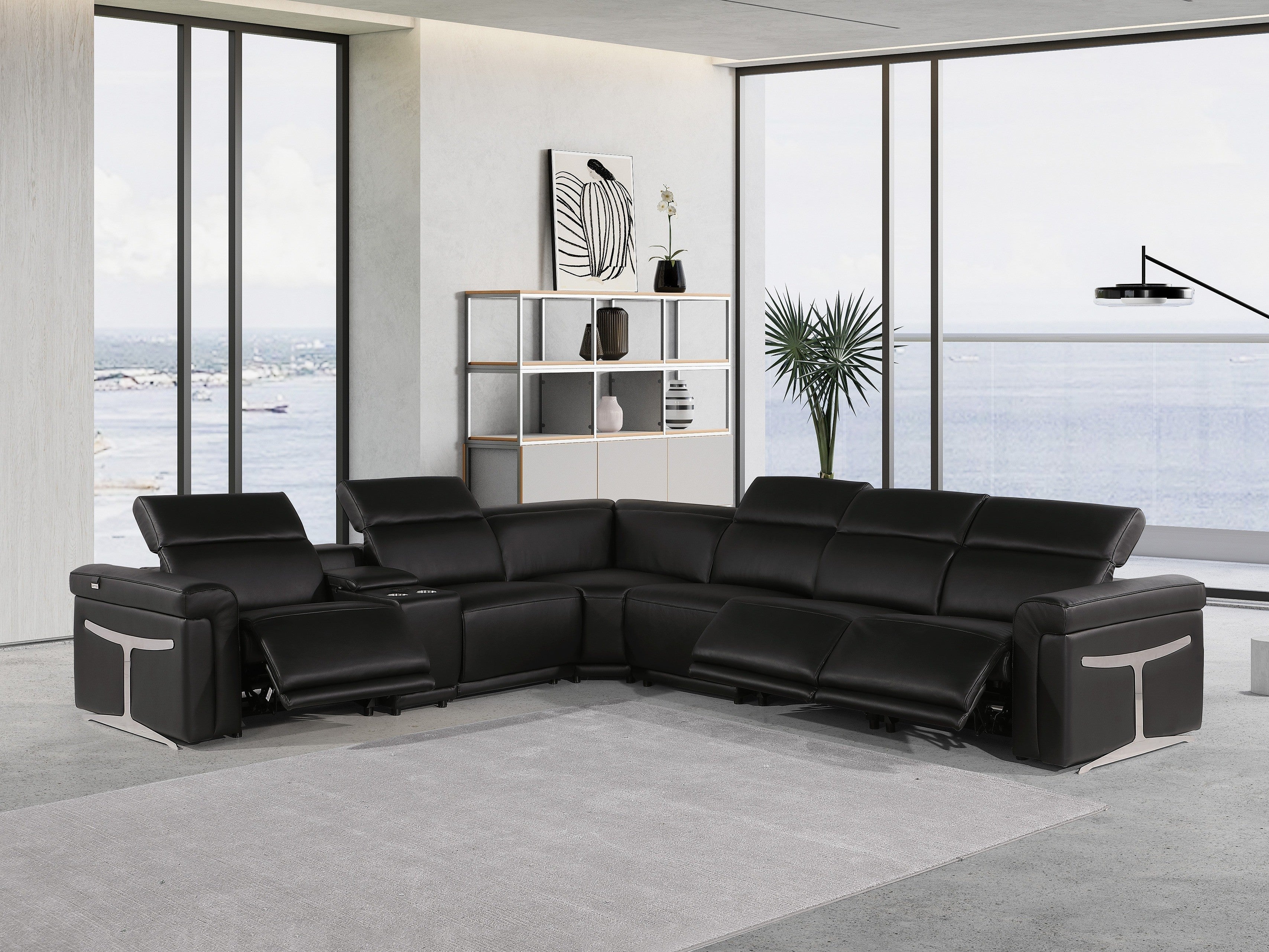Global United 1126BK-7PC 7 pc DivanItalia black italian leather power reclining sectional sofa power adjustable headrests and console