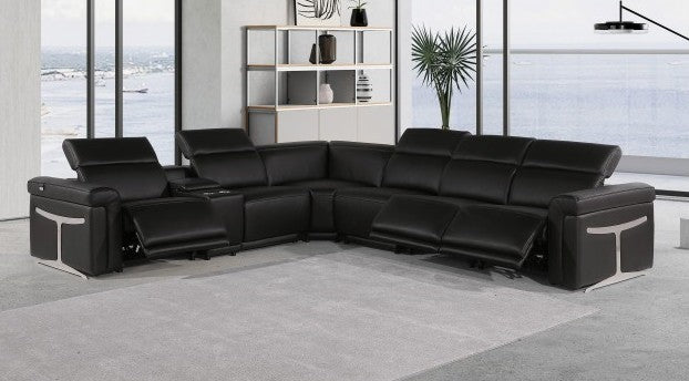Global United 1126BK-7PC 7 pc DivanItalia black italian leather power reclining sectional sofa power adjustable headrests and console