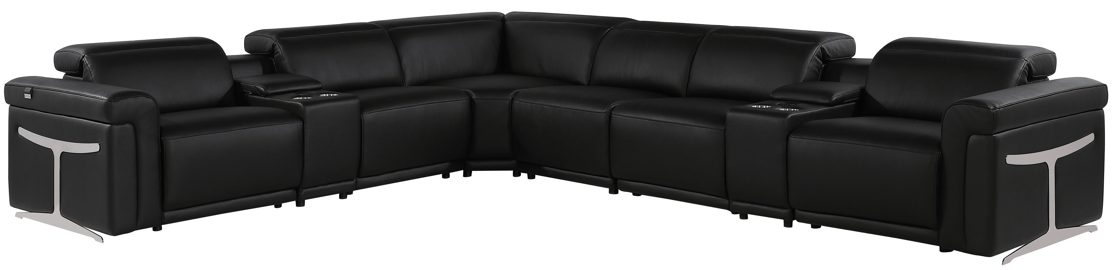 Global United 1126BK-8PC 8 pc DivanItalia black italian leather power reclining sectional sofa power adjustable headrests and console