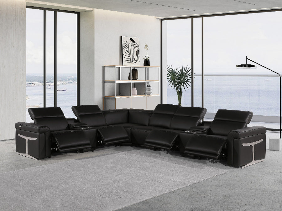 Global United 1126BK-8PC 8 pc DivanItalia black italian leather power reclining sectional sofa power adjustable headrests and console