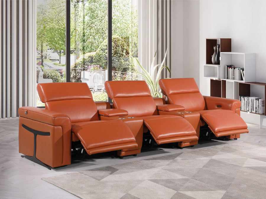 Global United DivanItalia Camel Italian Leather 5-Piece Power Reclining Theater Sofa with Power Adjustable Headrests – 1126CM-5PC-TH