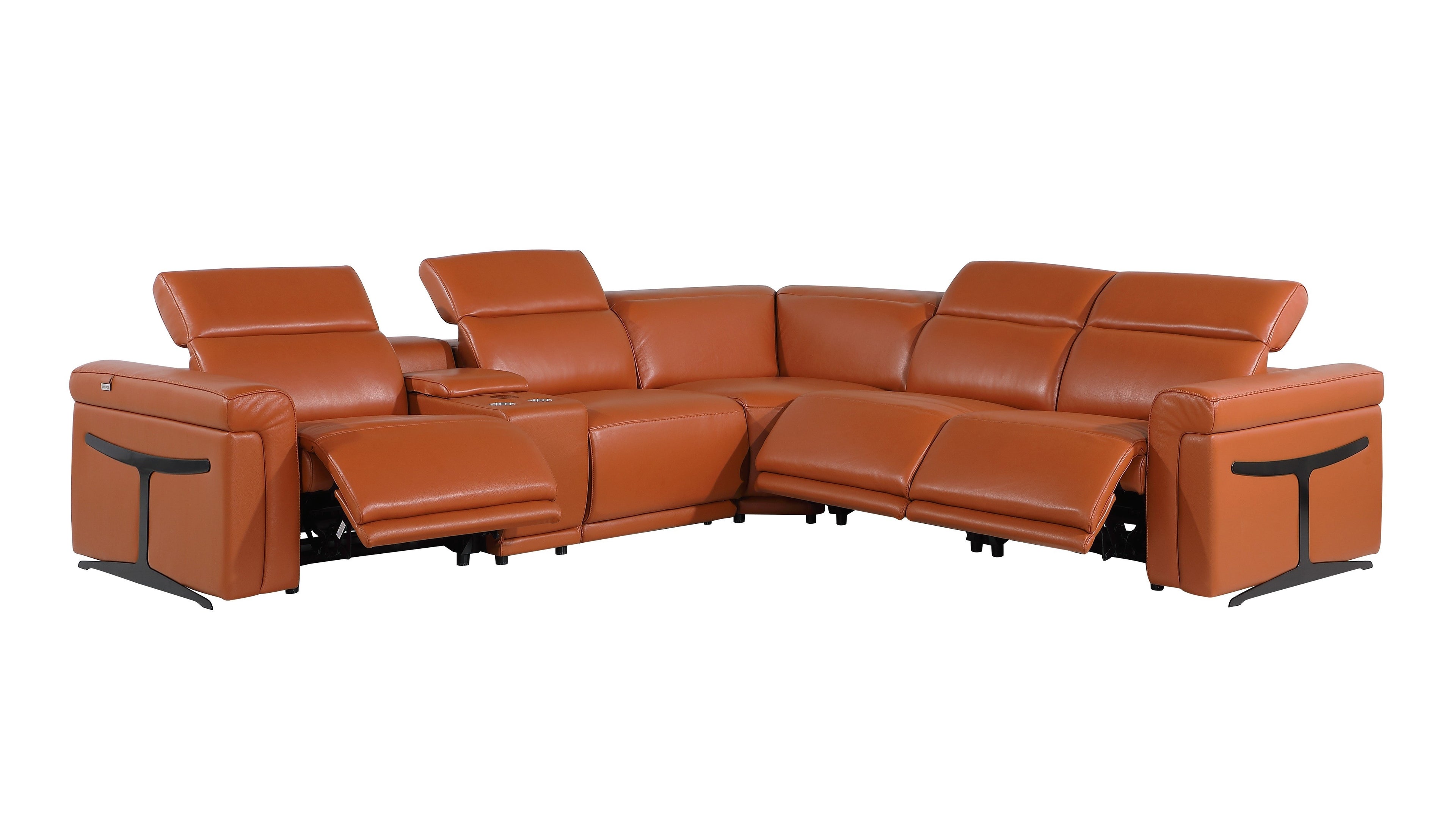 Global United 1126CM-6PC 6 pc DivanItalia camel italian leather power reclining sectional sofa power adjustable headrests and console