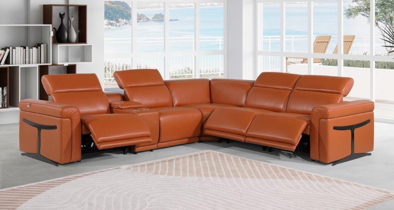 Global United 1126CM-6PC 6 pc DivanItalia camel italian leather power reclining sectional sofa power adjustable headrests and console