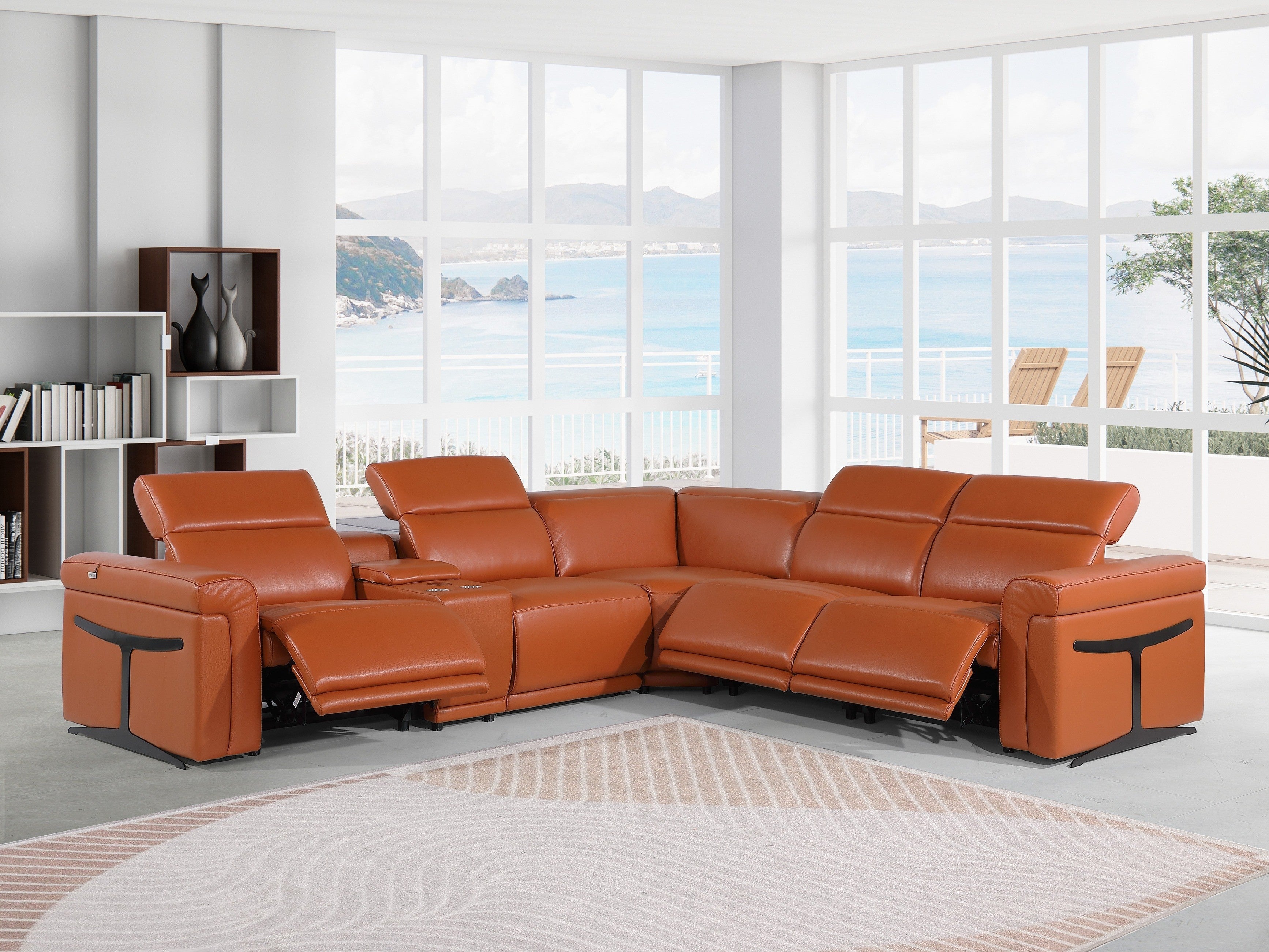Global United 1126CM-6PC 6 pc DivanItalia camel italian leather power reclining sectional sofa power adjustable headrests and console