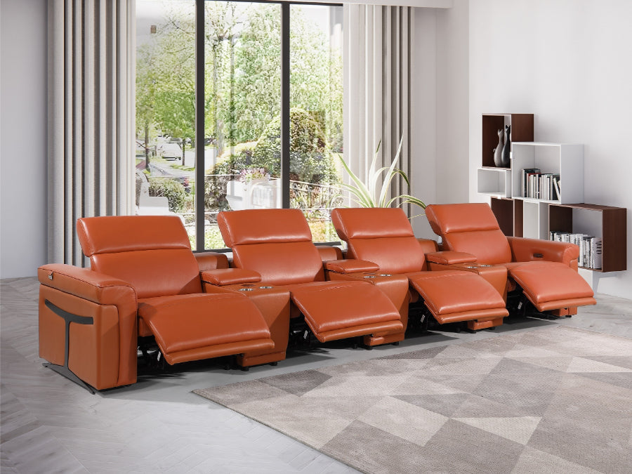 Global United 1126CM-7PC-TH 7 pc Divanitalia camel italian leather power reclining theater sofa power adjustable headrests