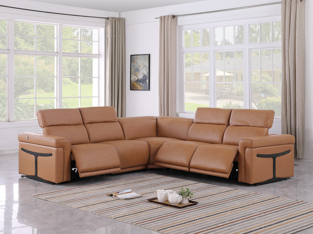 Global United 1126CG-5PC 5 pc DivanItalia Cognac italian leather power reclining sectional sofa power adjustable headrests