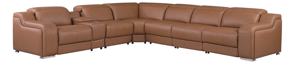 Global United 1116CG-7PC 7 pc DivanItalia cognac italian leather power reclining sectional sofa power adjustable headrests
